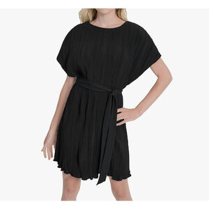 NWT Women's DKNY Black Pleated Short Sleeve Belted Mini Dress Size 8